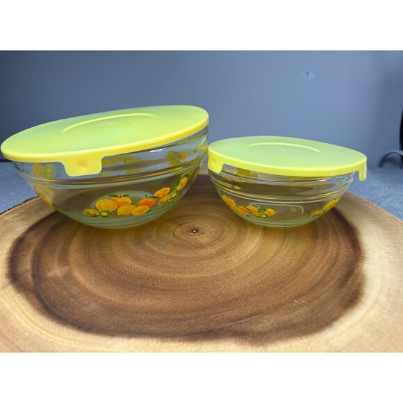Nesting Glass Bowls with Citrus Design & Yellow Lids Set Vintage - Picture 13 of 16